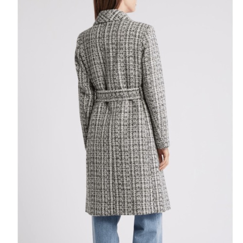 Sam Edelman Tweed Drape Lapel Wrap Coat, Natural Tweed, Black Gray Size 8, NWT - Picture 3 of 15